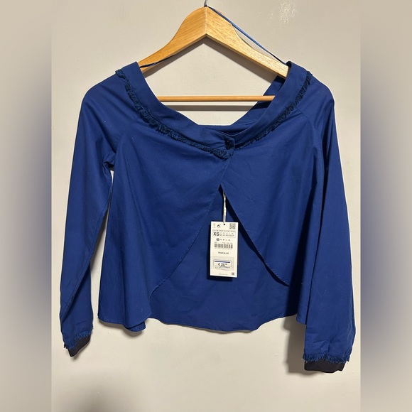 Zara blue cotton poplin split open back off the shoulder blouse top S - Picture 4 of 7